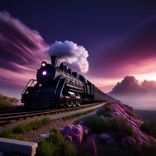 Train Under Purple Clouds: Detailed Matte Painting