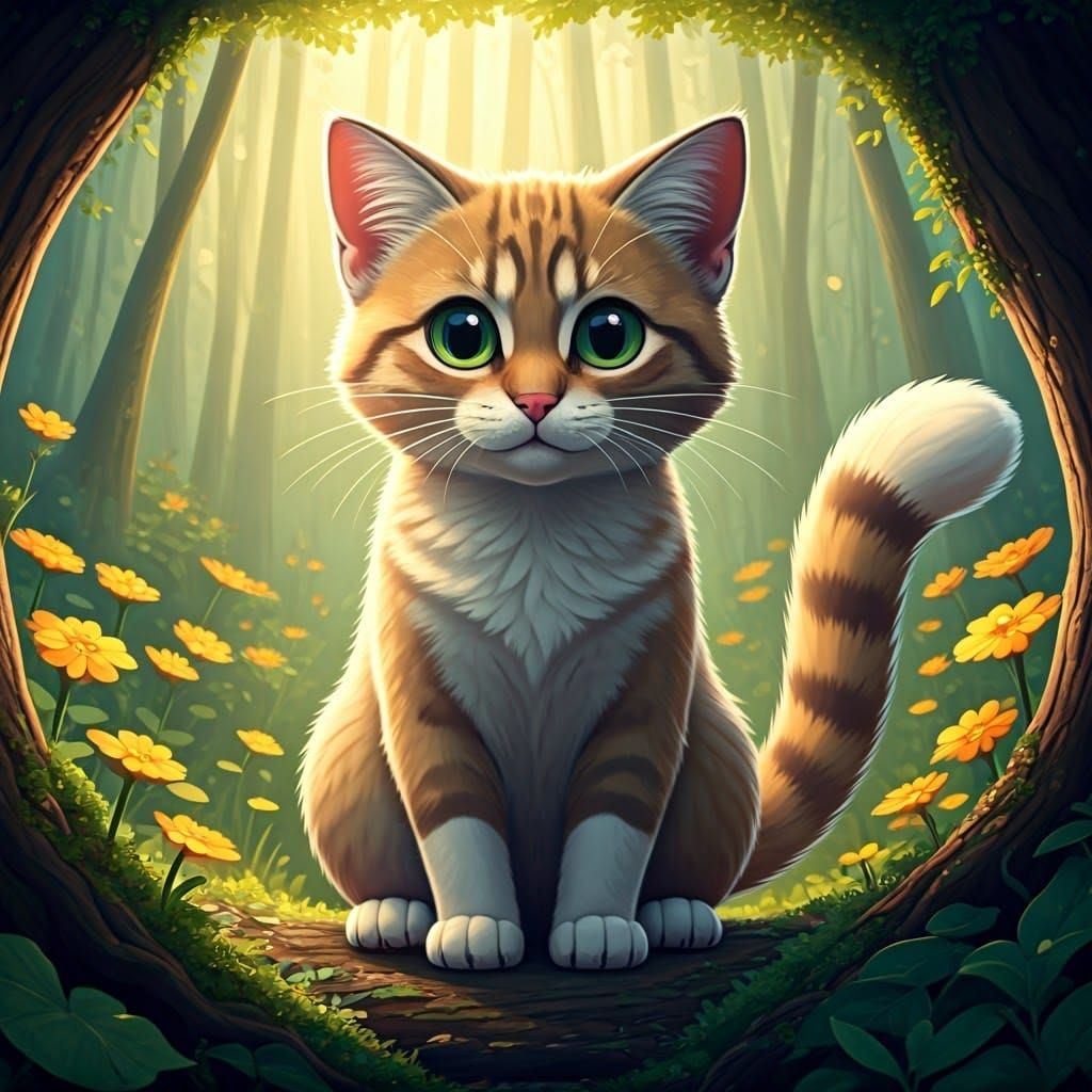 Vibrant Anime Cat Surrounded by Blooming Forest
