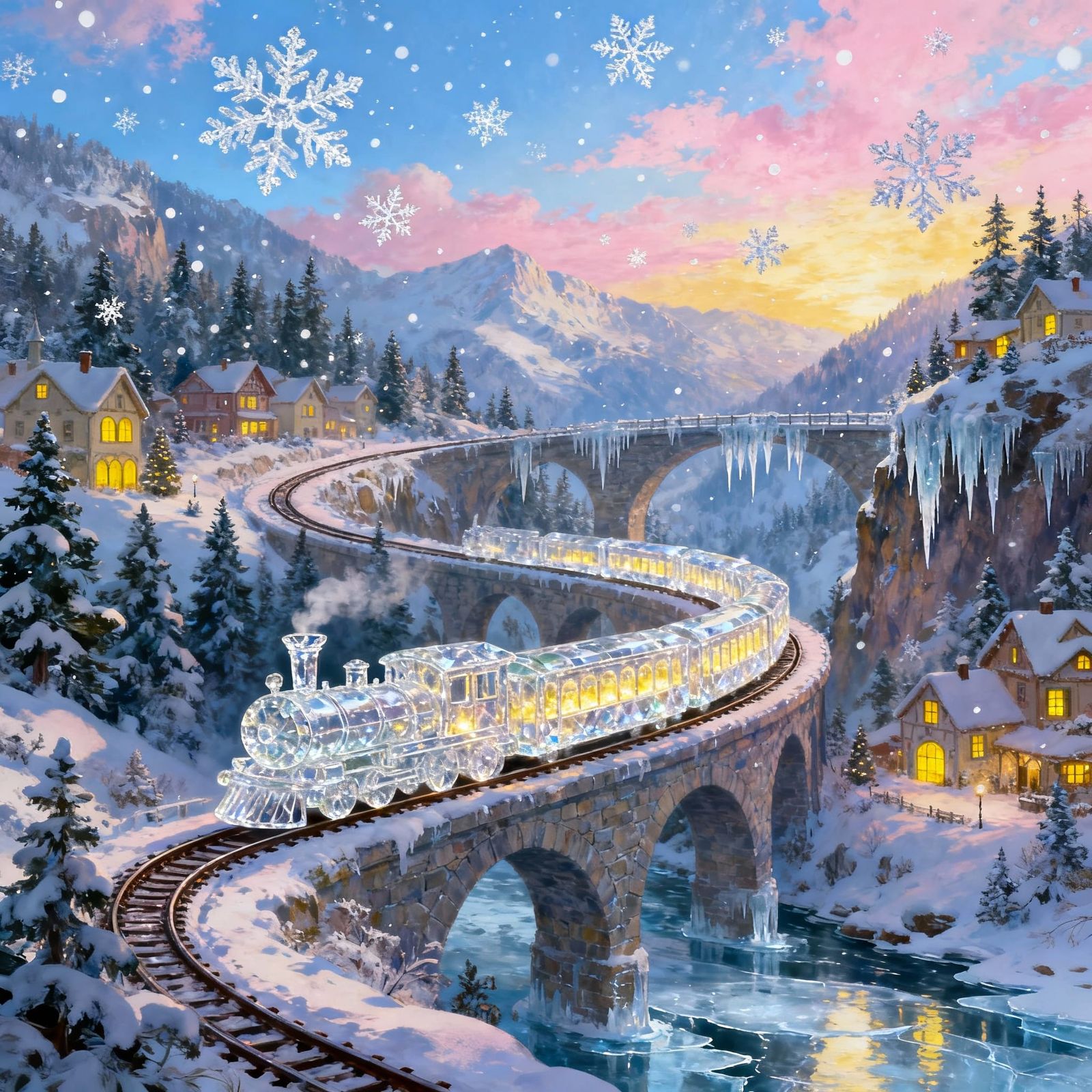 Magical Winter Crystal Train in Snowy Mountains