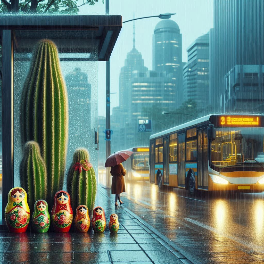 Matryoshka dolls at a bus stop