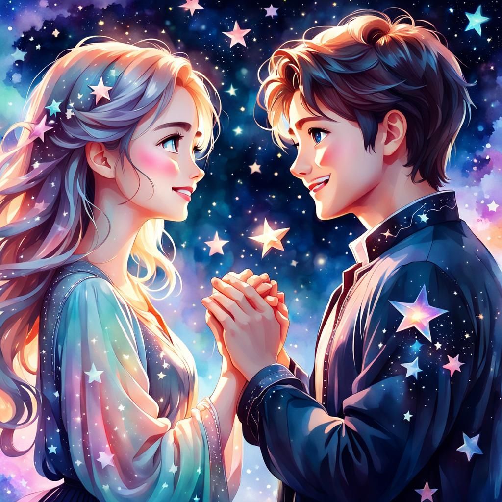 A couple standing and gazing at each other with a romantic a...