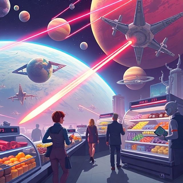Intergalactic shoppers sampling foods from distant planets.