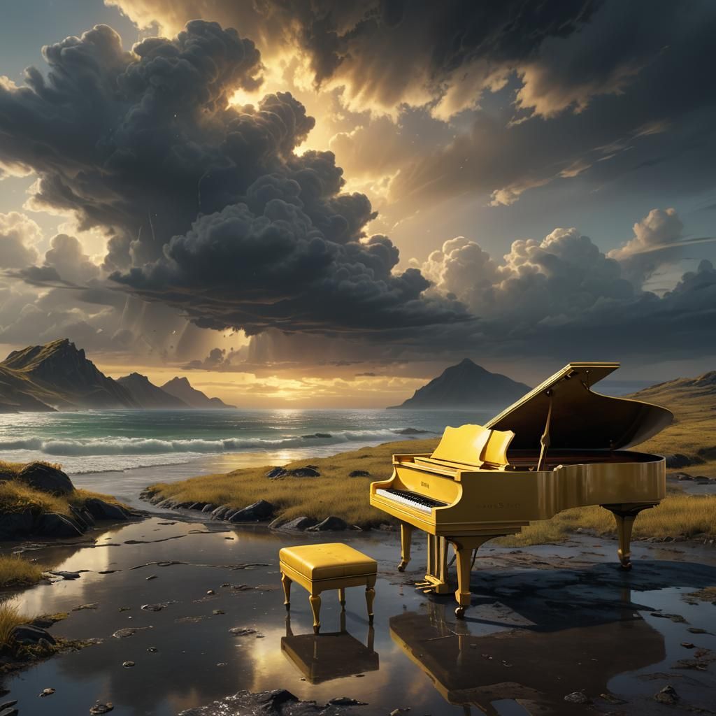 Lone Yellow Piano on Dark Island: Fantasy Art