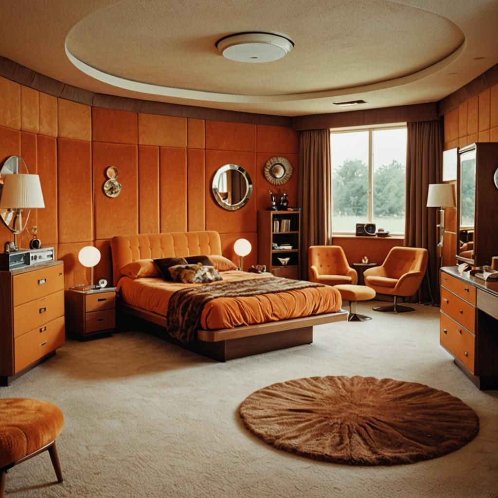 A 1970s spaceage bedroom suite that is orange and brown themed with