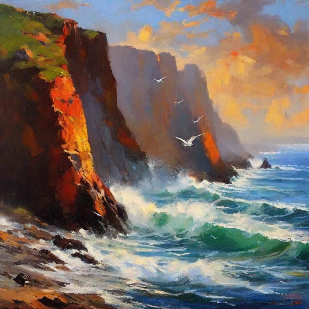 Dramatic Coastal Cliffs in Impressionist Oil Painting