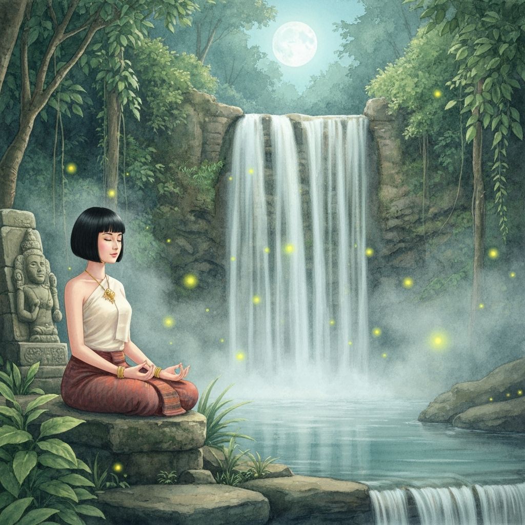 Thai Woman Meditating by Moonlit Waterfall in Watercolor Sty...