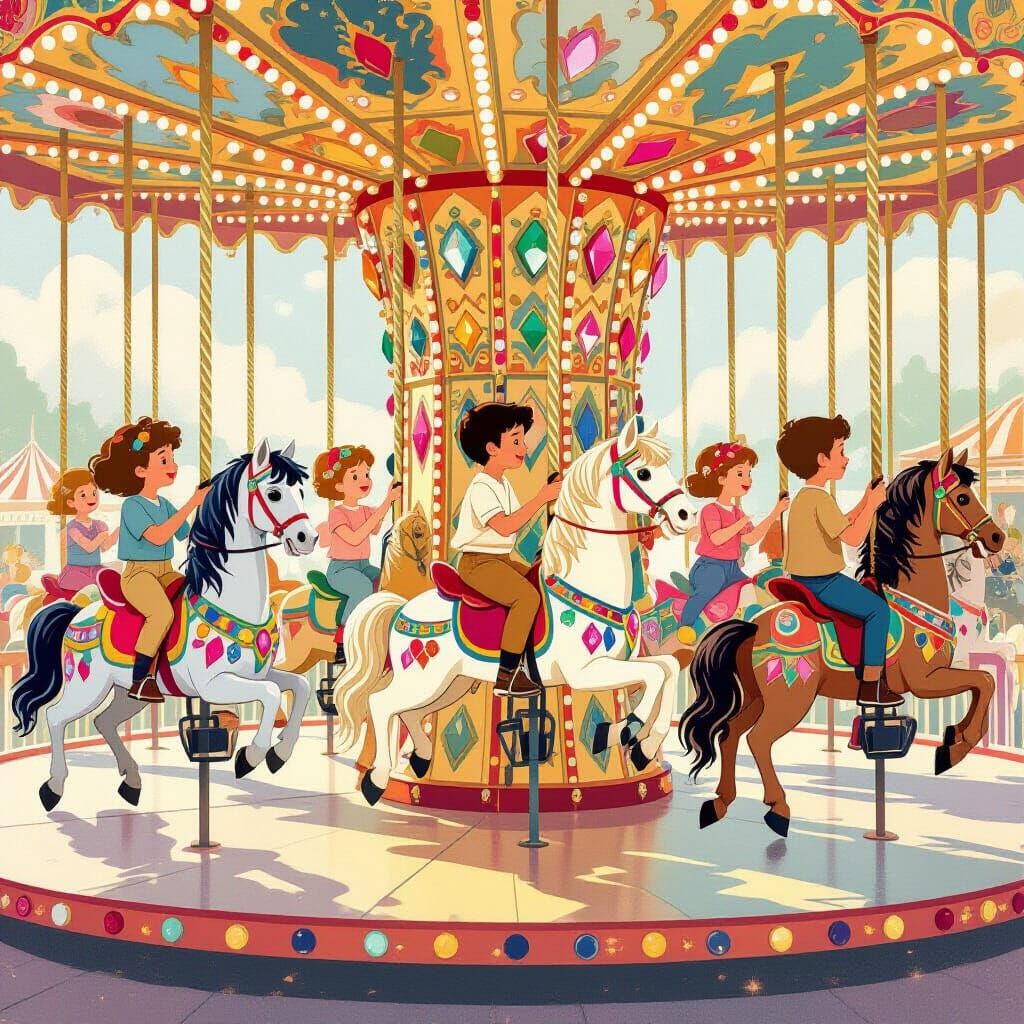 A full-circle carousel has crafted horses who are each decorated with multicolored gemstones. Seated ...  by @KittyLG