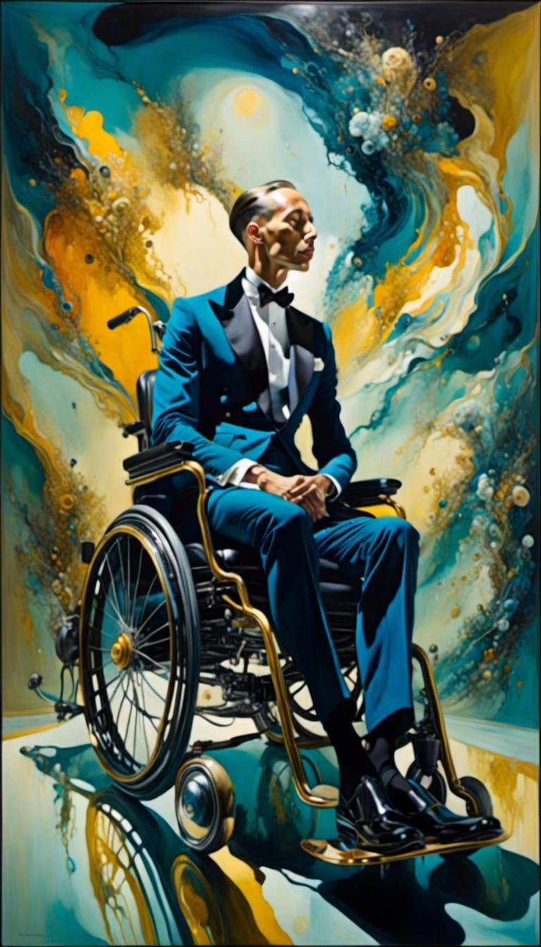 Surreal portrait of a man using an electric wheelchair, alcohol ink and watercolor  <lora:Surreal mobility art:1.0>