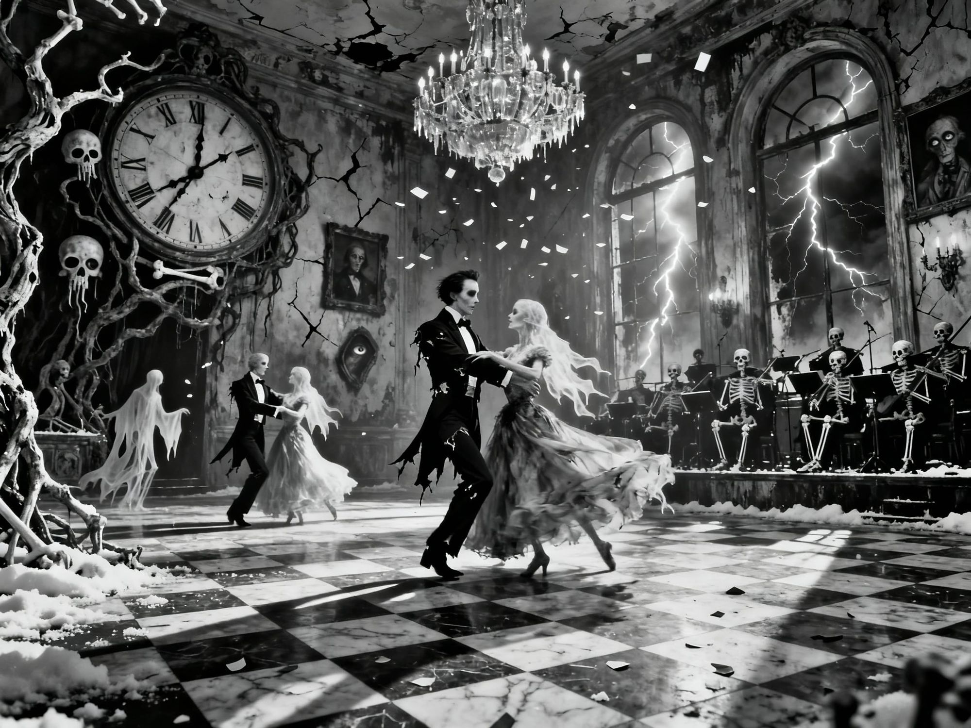 Tim Burton-style, vintage black-and-white, gothic surrealism, cinematic lighting, high-contrast chiaroscuro, eerie elegance.
Inside a decayi...