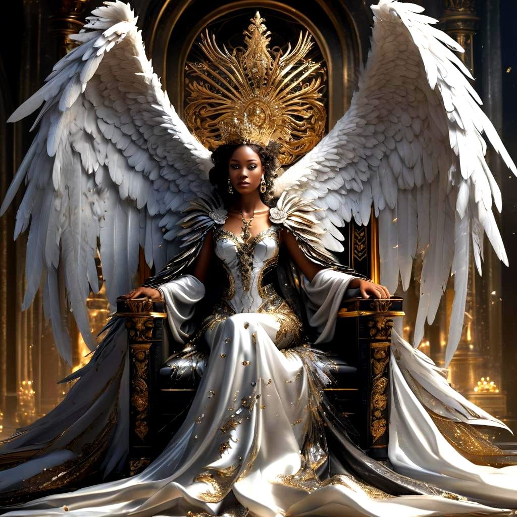 Gorgeous black angel with large gold and white hyper detailed feathered wings, silk dress white gold ...  by @Me James Me