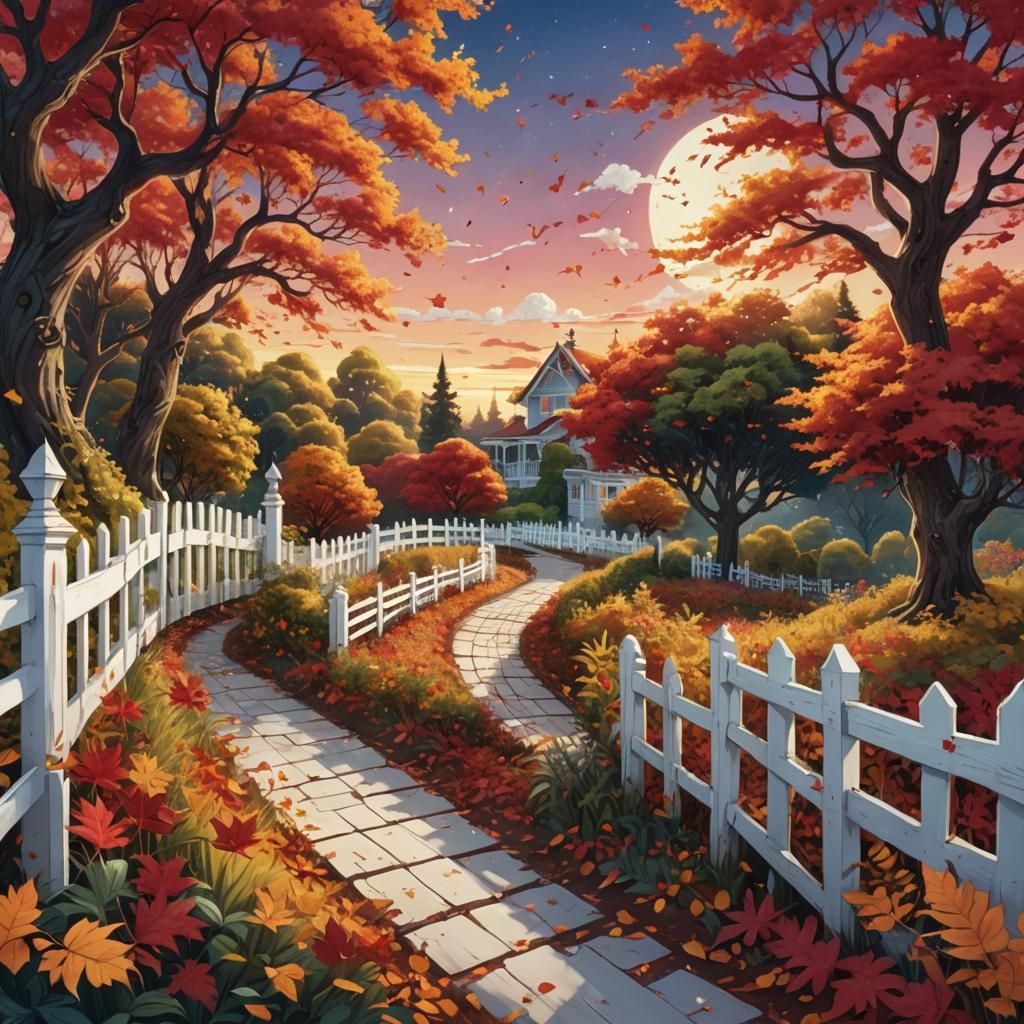 a pic of a path with a white picket fence and trees with red...