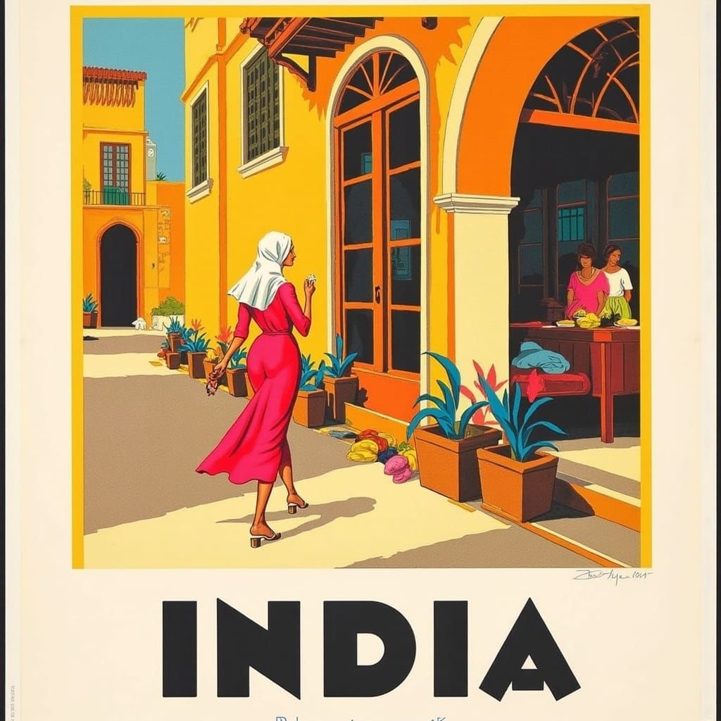 <lora:Vintage Travel:1.0> Minimalist illustration of a woman WALKING IN A COLORFUL BAZAR in the style of vintage travel poster. Bold colors,...
