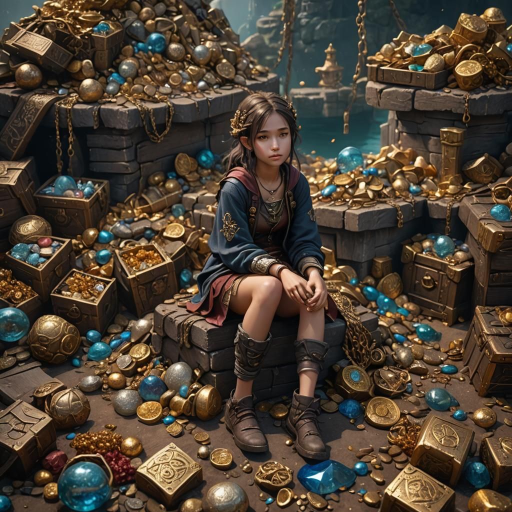 A Girl Sitting on a pile of Treasure