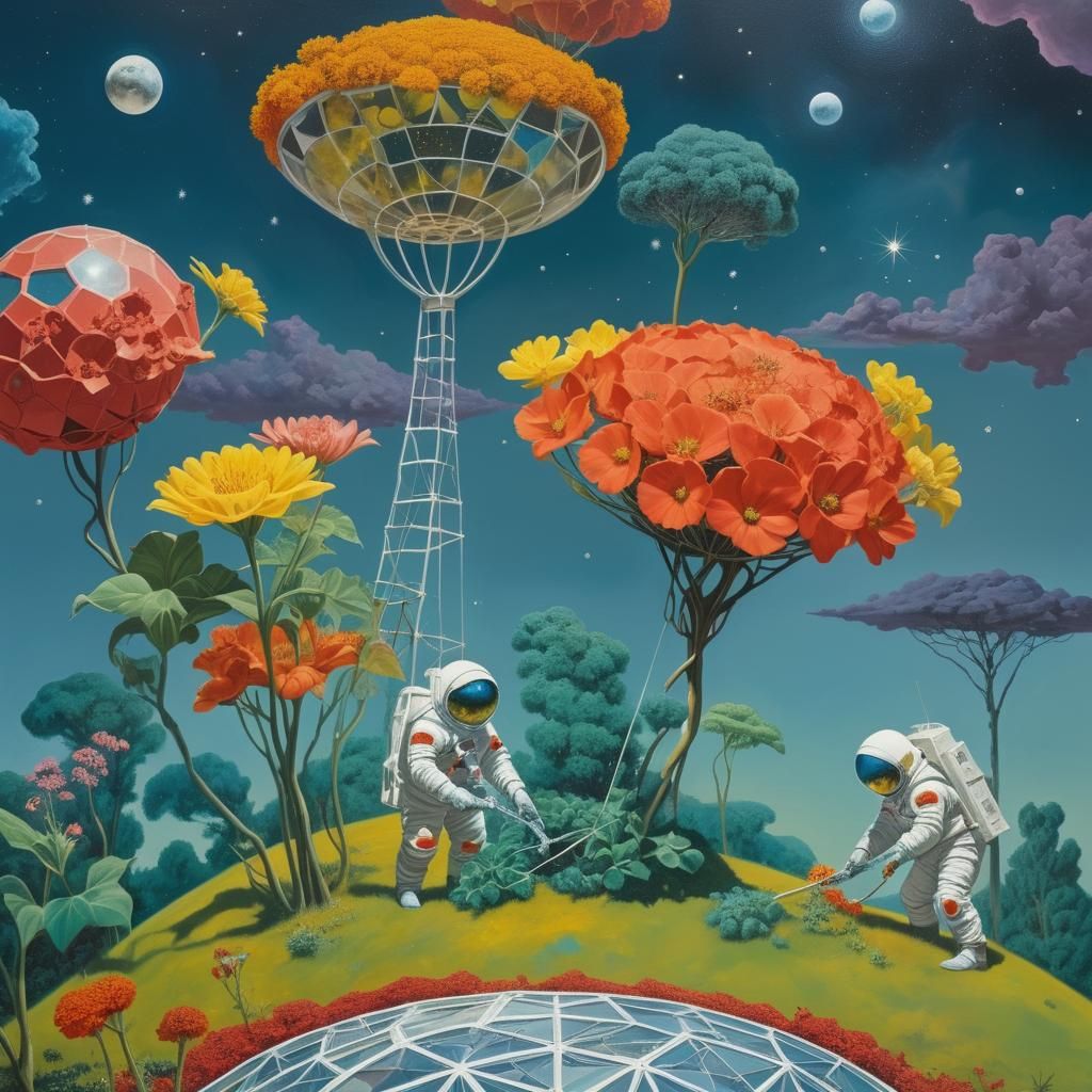 Three men in spacesuits tending to the flowers in a geodesic dome of ...