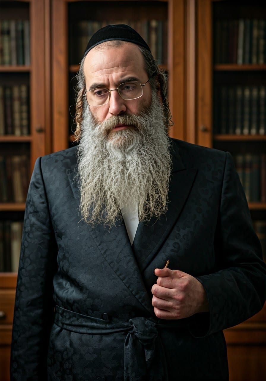 Serious Hasidic Jew in Traditional Attire Contemplates Life