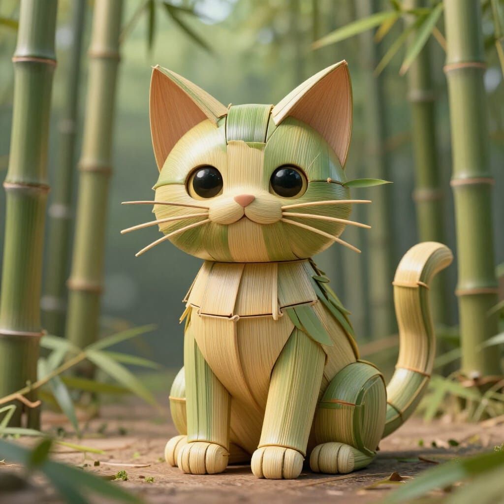 cute, smiling lifelike kitten constructed entirely from bamboo—every part of its body formed from bamboo ...  by @HapNoel