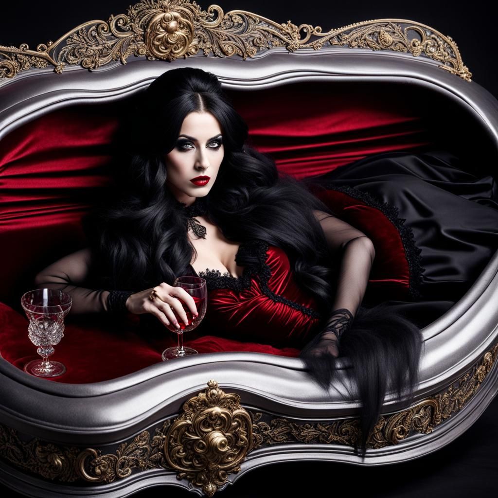 Vampire with long black hair, pronounced nose, red Victorian...
