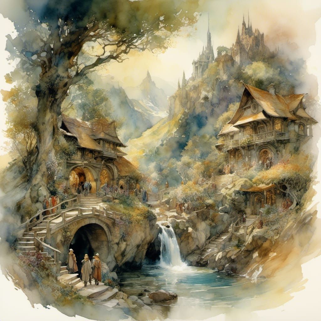 Bilbo with the fellowship at Rivendell - AI Generated Artwork ...