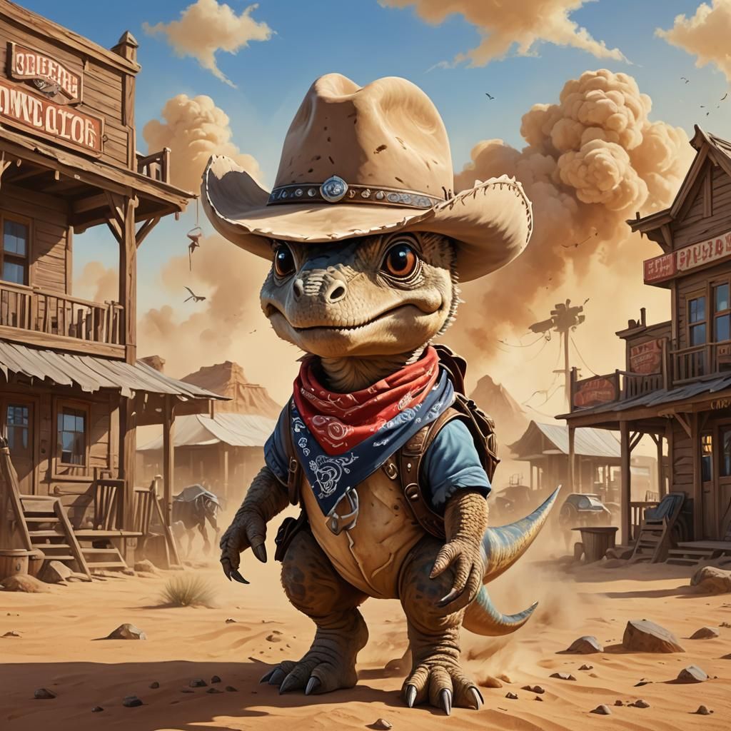 an adorable and fluffy baby dinosaur, cowboy, bandana over mouth, western, desert, with a western village ...  by @NekoNesto