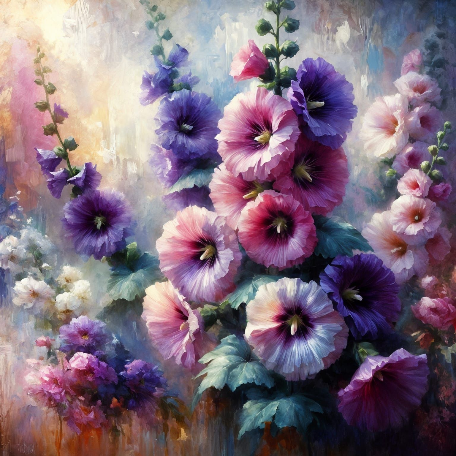 blooming hollyhocks