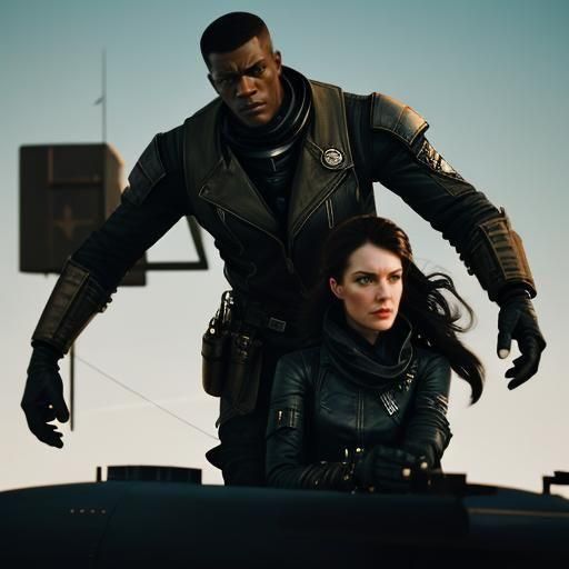 dieselpunk black man fighter pilot with tall white woman