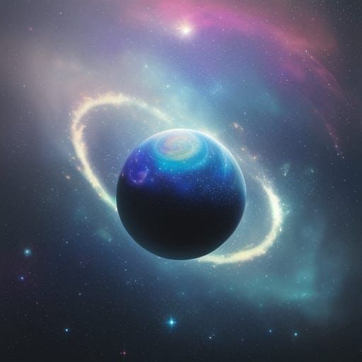 Watercolor. Full shot. A solitary rugby ball floats in the vast emptiness of space, surrounded by distant stars and swirling nebulae. Faint ...