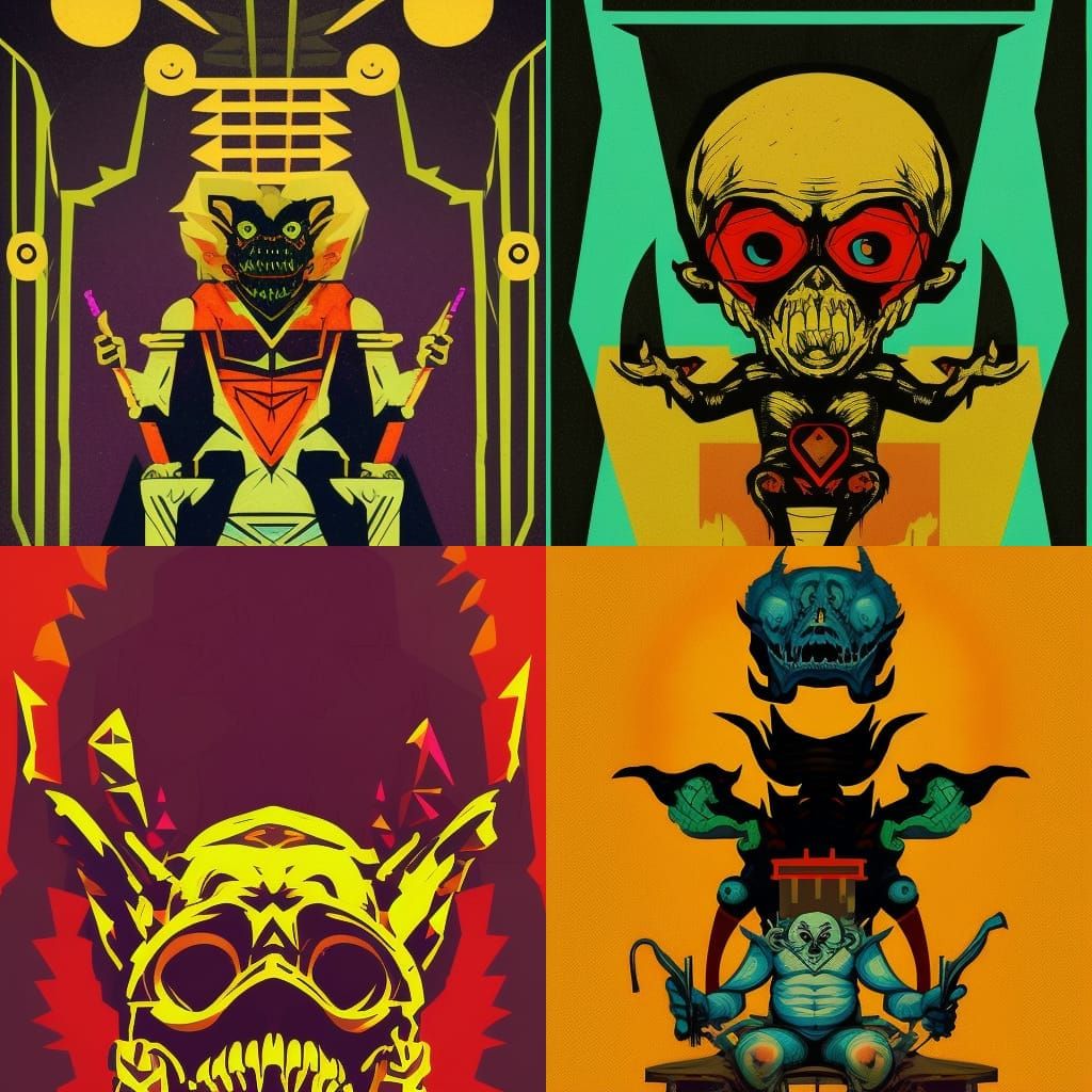 a goblin sitting on a throne of skulls