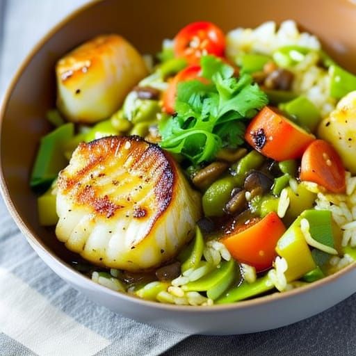 Pan seared scallops on rice