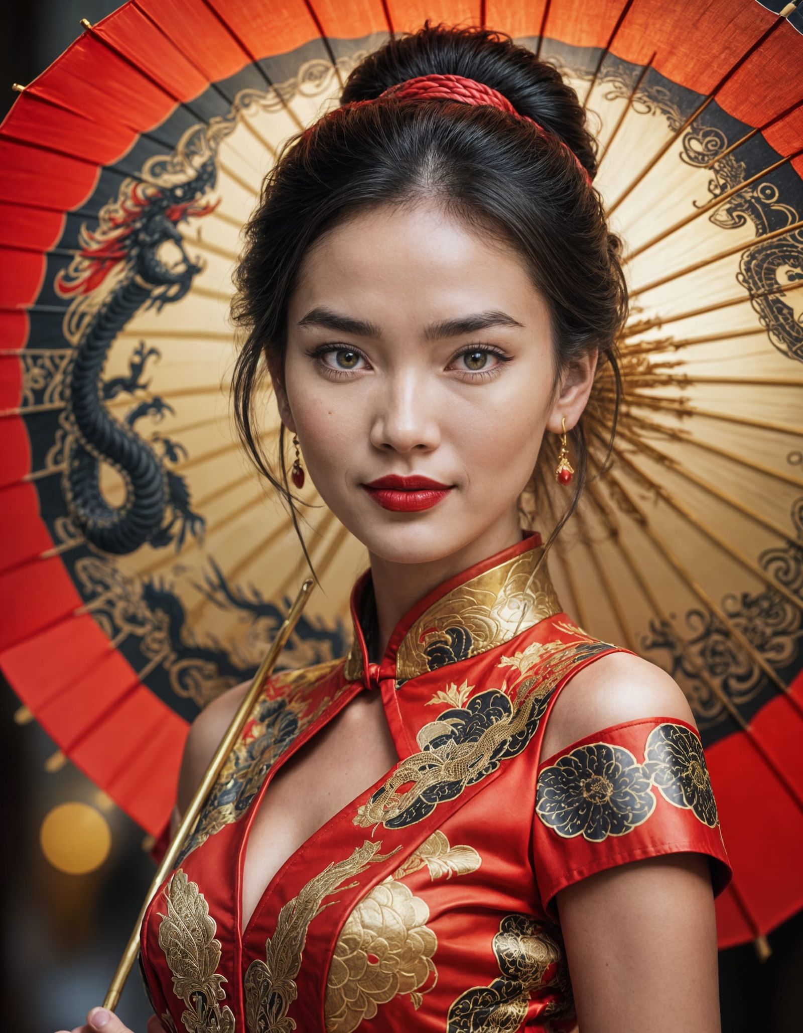 Glamorous Woman in Qun Kwa Dress and Dragon Umbrella
