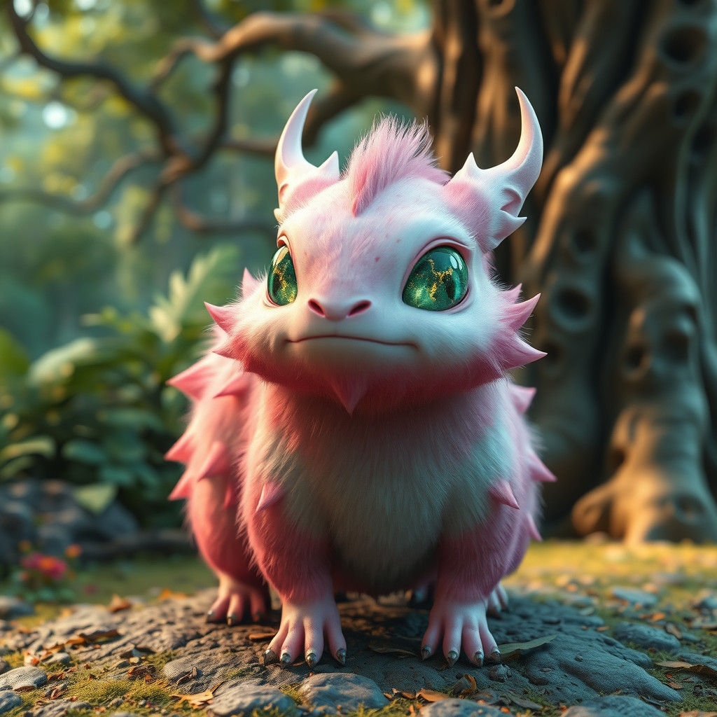 Fantastical Pink Fur Animal with Green Marble Eyes