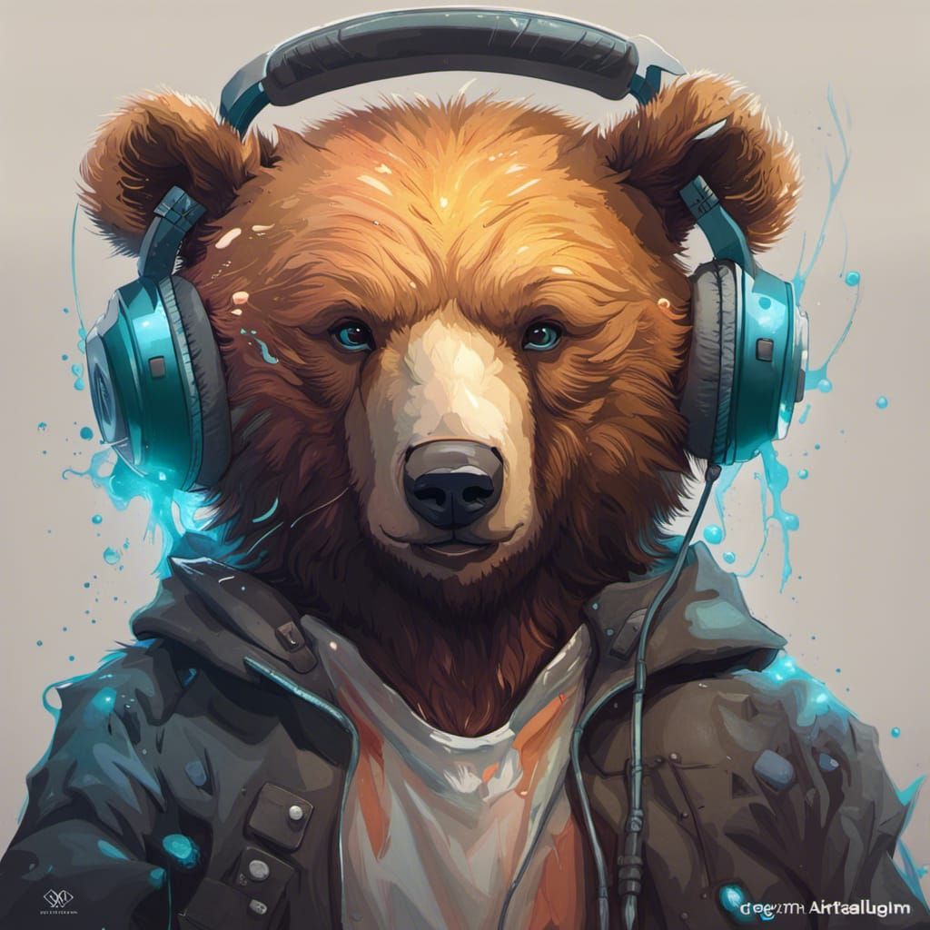 bear cub with headphones on