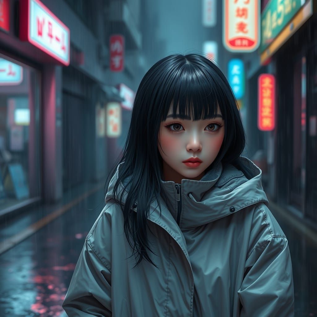 Mysterious Girl in Rainy Alleyway