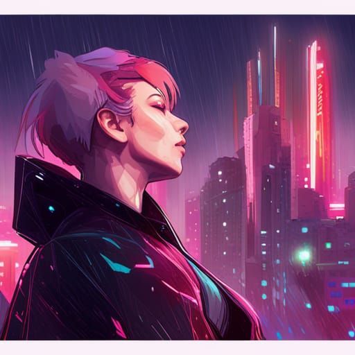 cyberpunk city, teen side profile, lights, sad, walking in r...