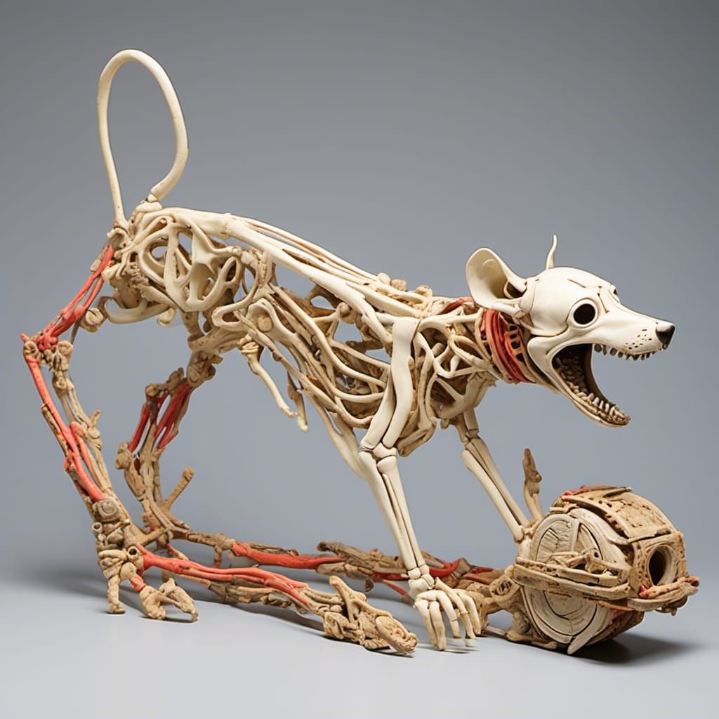  <lora:Boneyard:1.0>Dog chasing a cat, cat chasing a mouse, bone structure, bone art
