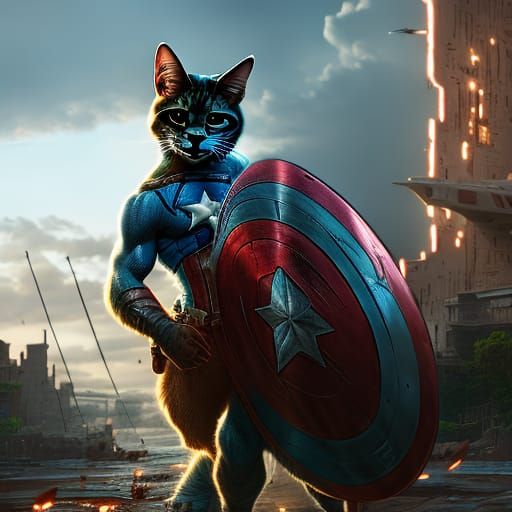 Captain America as a cat holding his shield