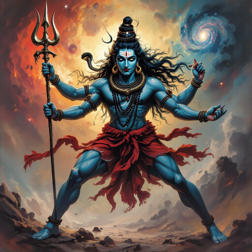 Fearsome Shiva Tandava Dancer in Epic Fantasy Oil Painting