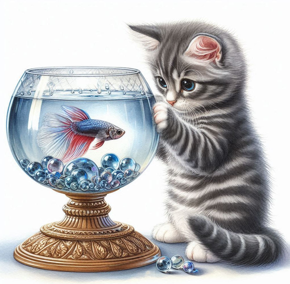 Kitten playing with fish