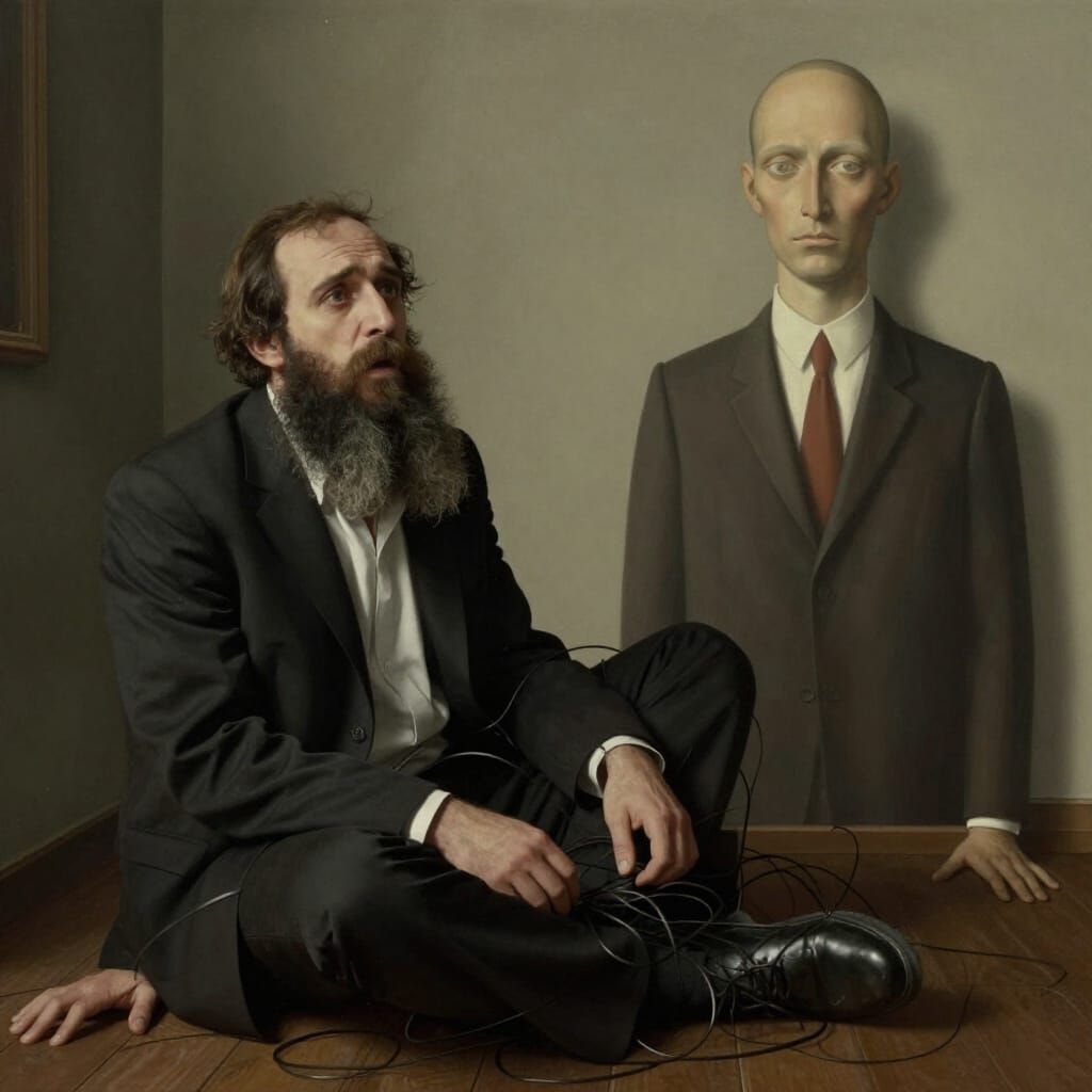 Surrealist Image of Distressed Haredi Man with Entangled Bea...