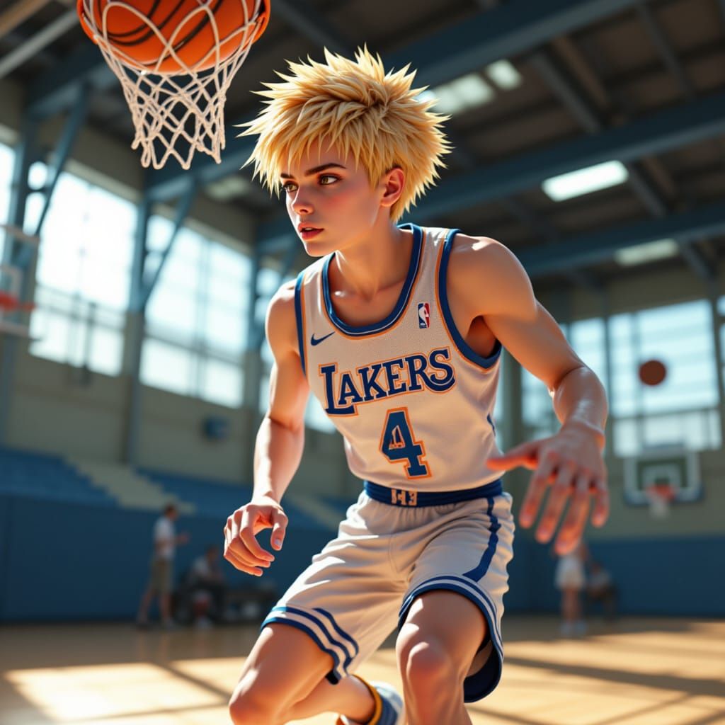 Anime Style Man Practicing Dunk in Empty Gym