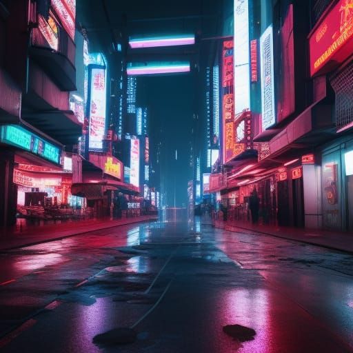cyberpunk street scene raining nighttime with neon signs and...