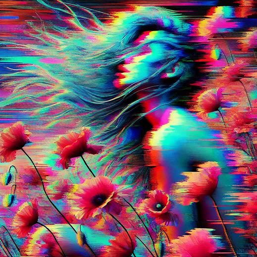 Glitch art. A woman with poppies