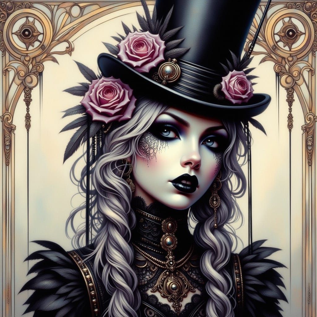 <lora:Romantic Goth:1.0> stunning goth punk with silver braids mad hatter top hat grunge style punk aesthetic gritty grunge antique waterco...