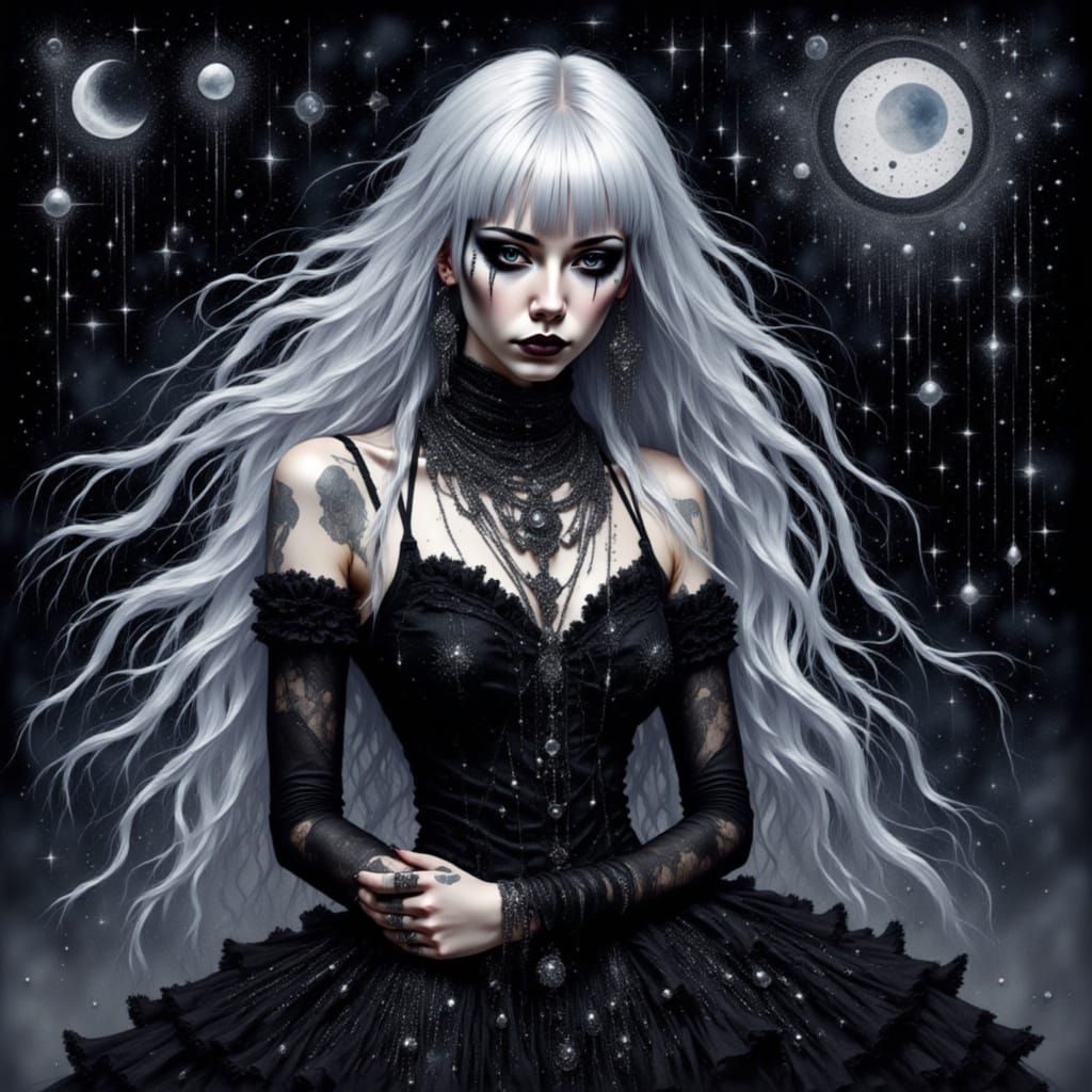 <lora:Silvery Intensity:1.0> <lora:Waterspace Intensity:1.0> Watercolor, Goth punk young thin feminine black skin man with long silver hair,...