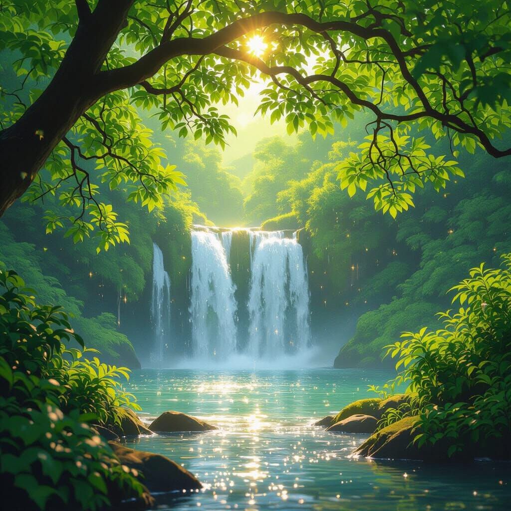 View of the waterfall through the leaves of trees, angle from under the branches framing the composition, light bokeh effect, water sparkles...