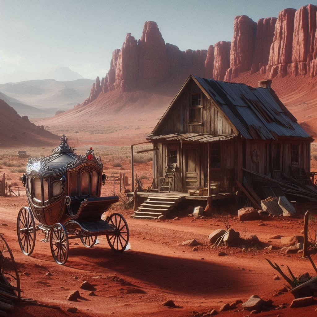 Cinderella's carriage parked outside a rundown shack of a ho...