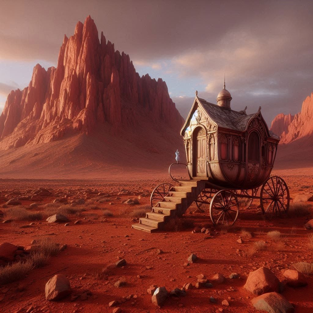 Cinderella's carriage parked outside a rundown shack of a ho...