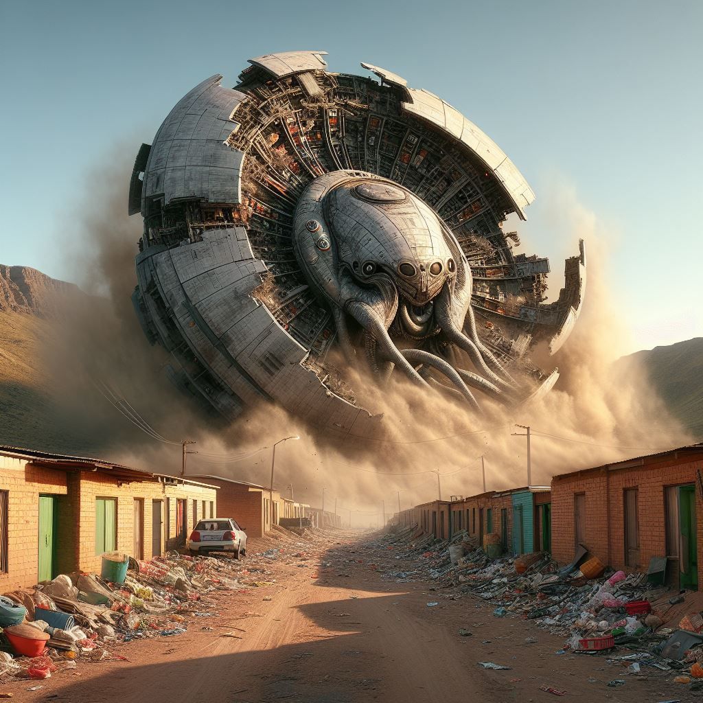 a towering derelict spacecraft perched on the edge of a South African township