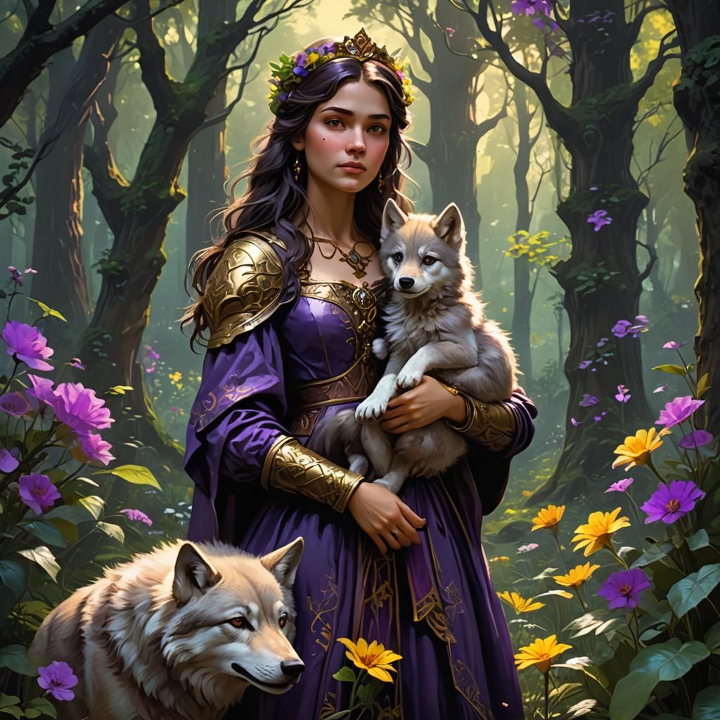 Beautiful princess holding wolf pup in the forest with lush trees and flowers  by @undefined