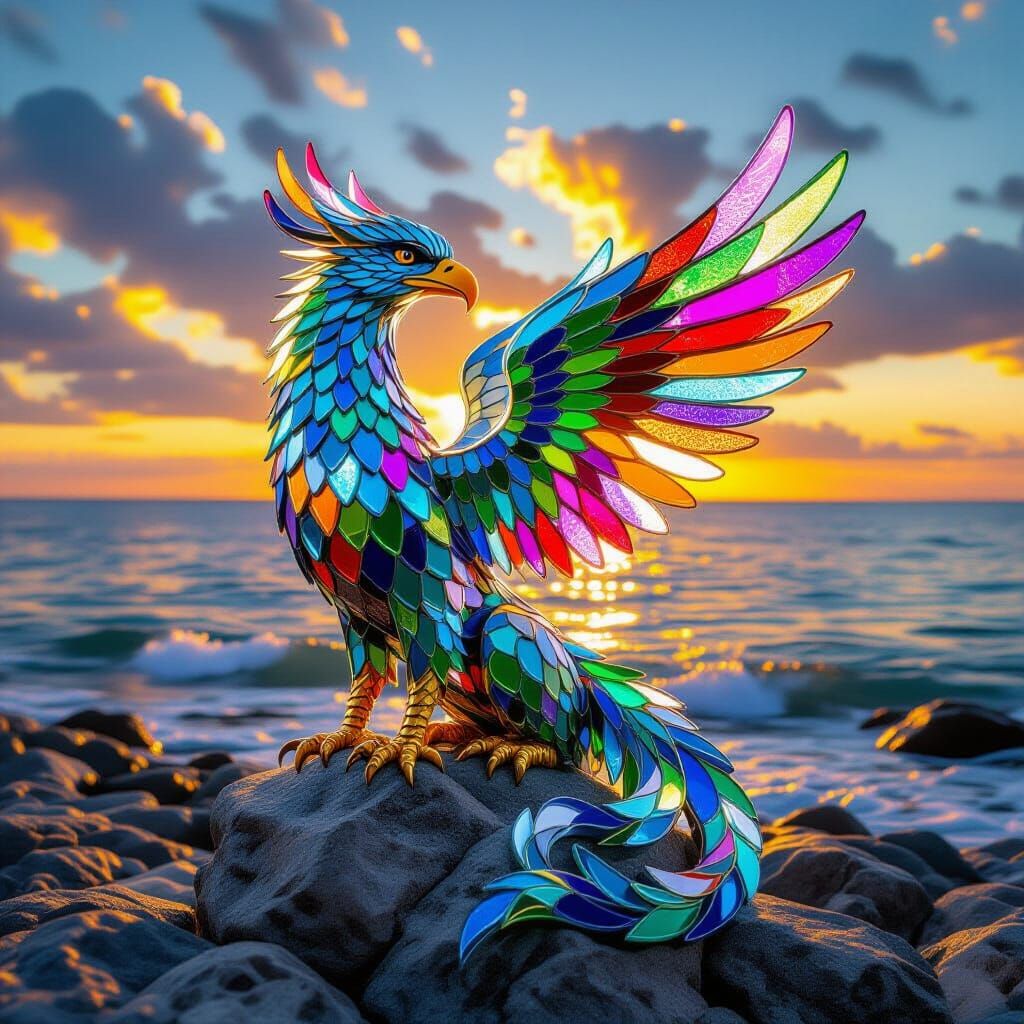 A mythical griffin, its feathers and body intricately sculpted from smooth, colorful sea glass pieces, ...  by @TheHumanArt