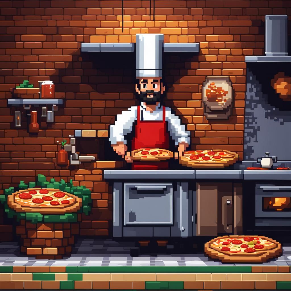A pixel art 8 bit. Portrait of italian pizza cooker. Pizza b...
